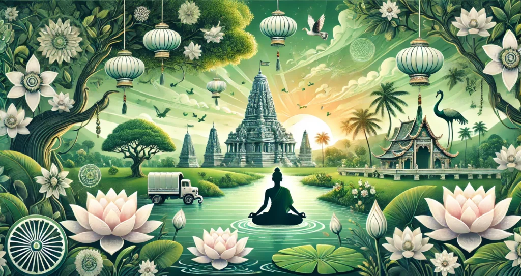 2024-12-23 12.47.36 - A serene and visually captivating banner background inspired by Hinduism, in shades of green, featuring traditional Indian elements such as a majestic